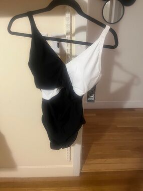 Two-Tone Black and White Asymmetric One-Piece Swimsuit